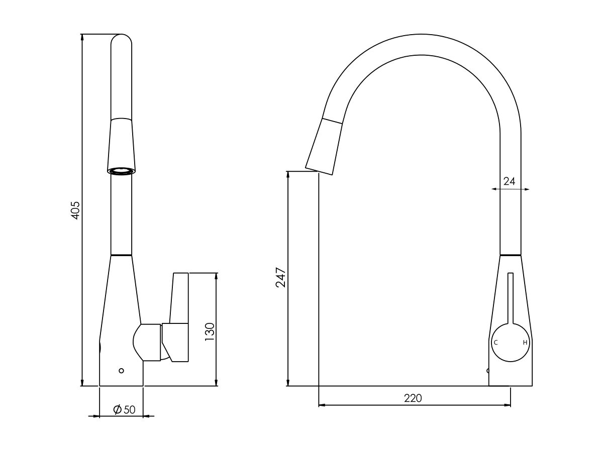 Memo Sia Sensor Gooseneck Sink Mixer Tap Dual Function Right Hand Lever 4 Star tech drawing